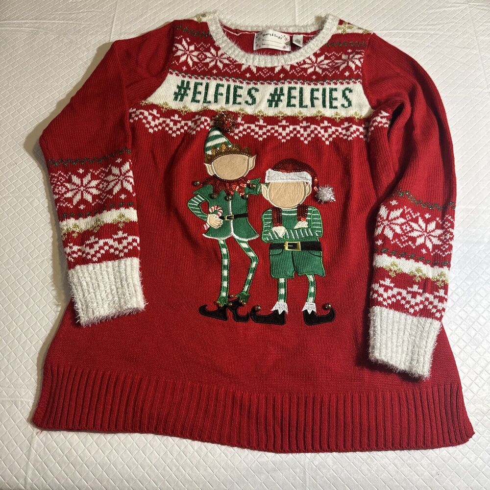 Merry & Bright Ugly Christmas Sweater #Elfies Women's Medium Red Green Cream‎